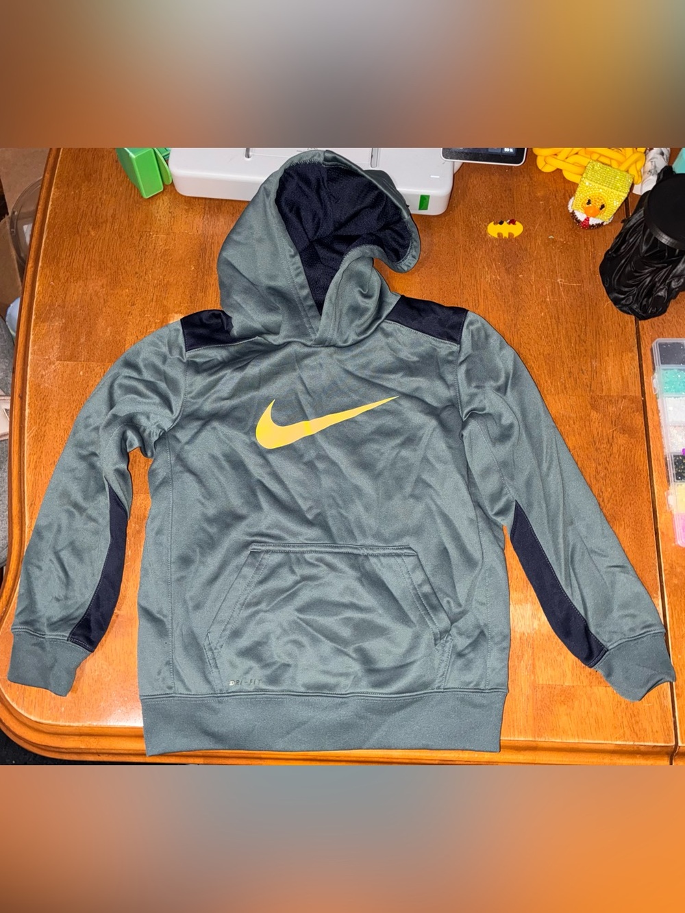 Nike Kids' Olive Green Hooded Puffer with Yellow Swoosh